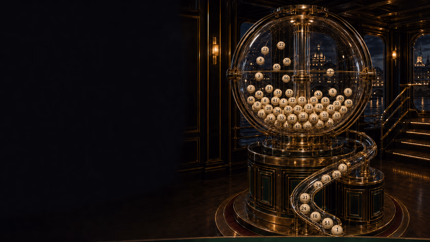Original editorial scene of an ivory bingo card, numbered balls and brass drawing machine in a plum and gold live-game theatre