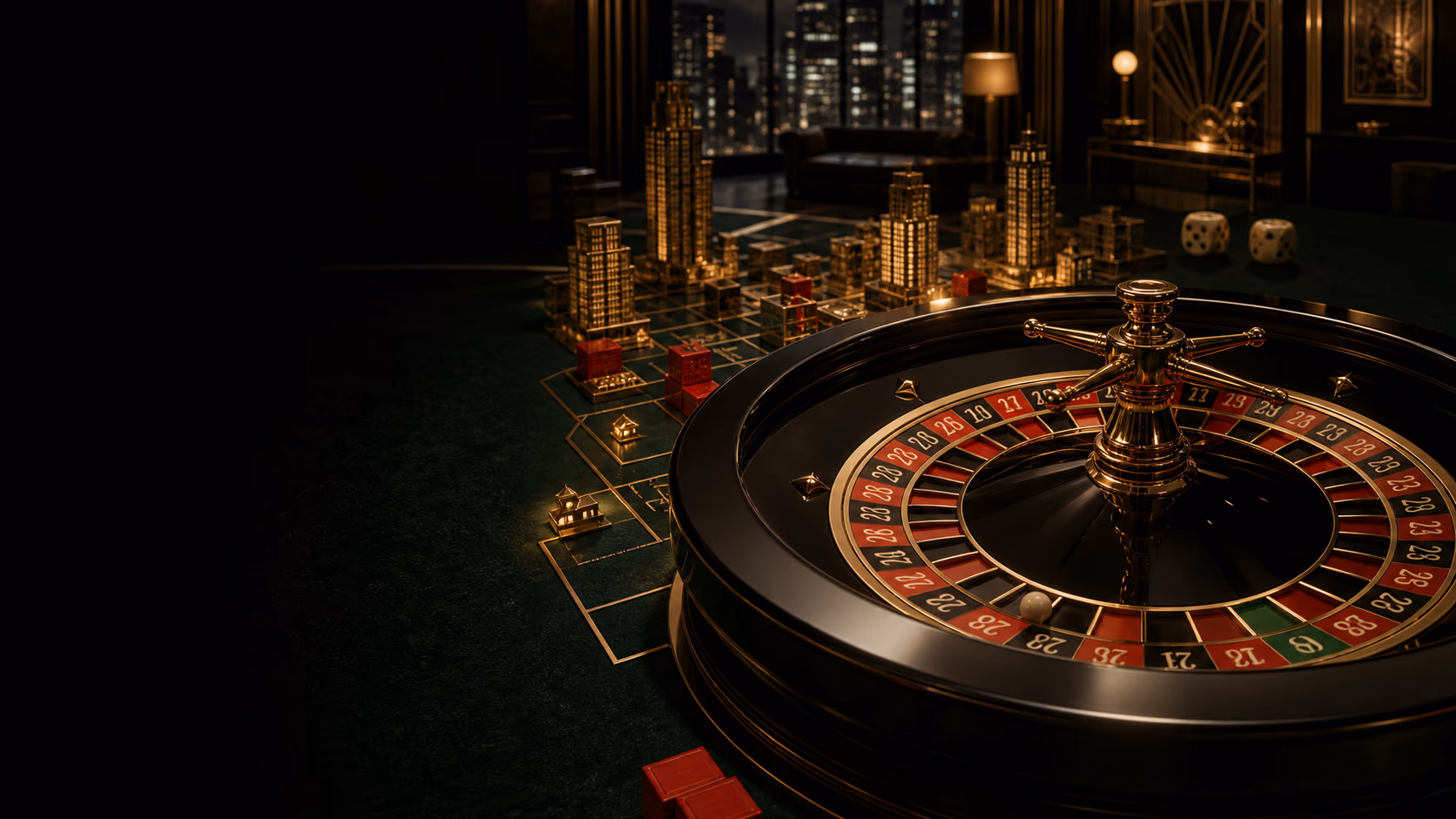 Original art-deco night city built around a roulette wheel and green board route