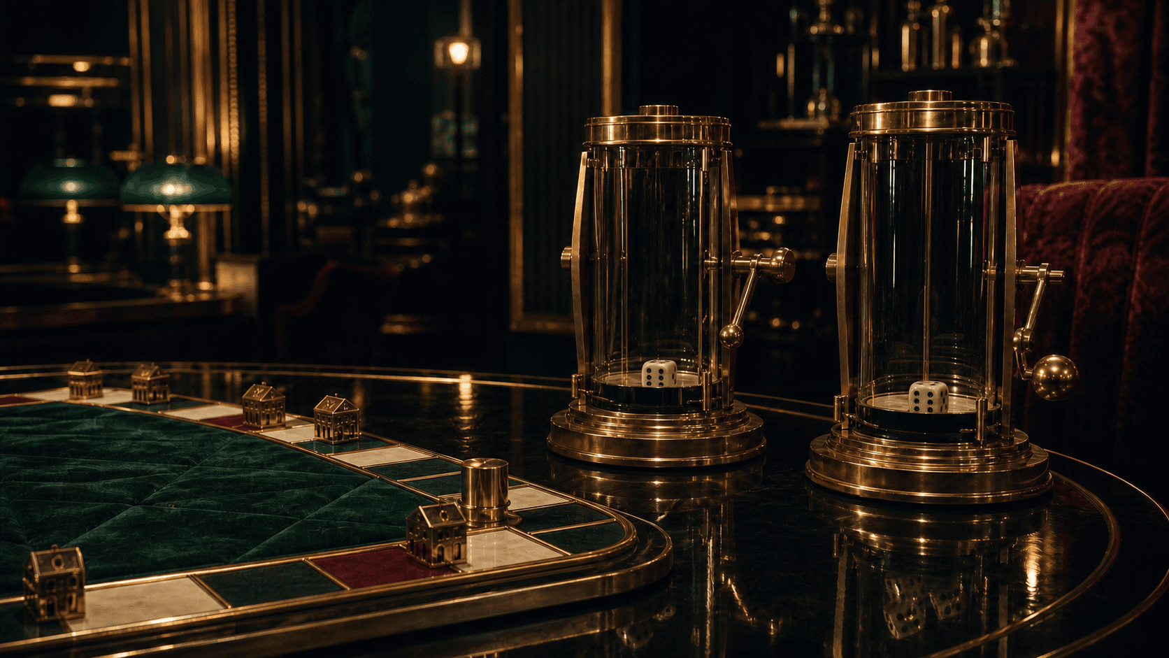 Original editorial scene with one ivory die in each of two separate brass and glass shakers beside a green board path